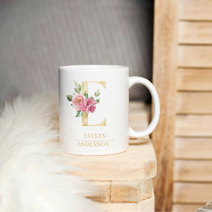 Trendy Gold Watercolor Flower Letter E Monogram Coffee Mug