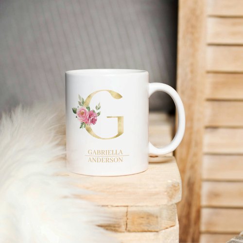 Trendy Gold Watercolor Flower Letter G  Monogram  Coffee Mug