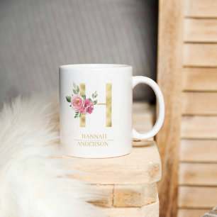 Trendy Gold Watercolor Flower Letter H Monogram Coffee Mug