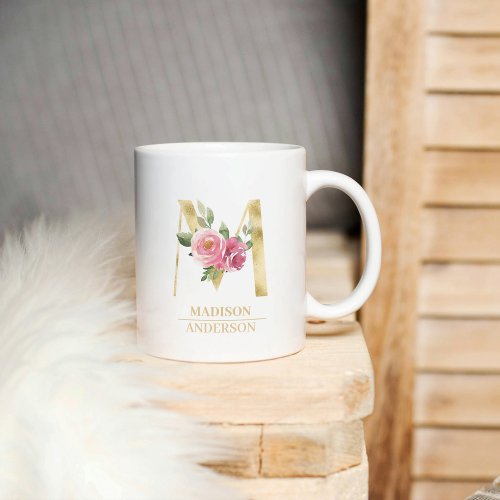  Trendy Gold Watercolor Flower Letter M  Monogram Coffee Mug