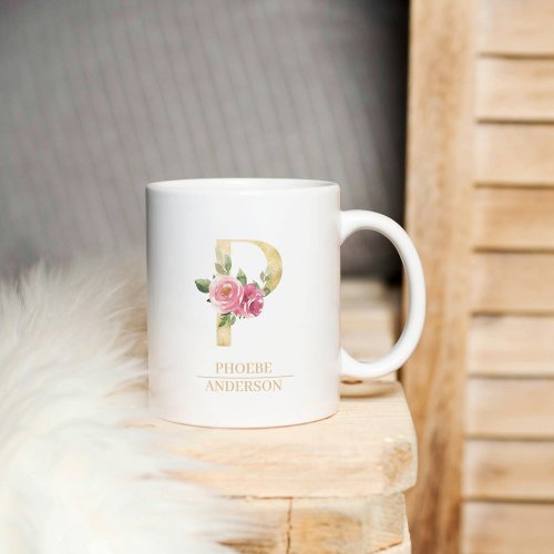  Trendy Gold Watercolor Flower Letter P  Monogram Coffee Mug