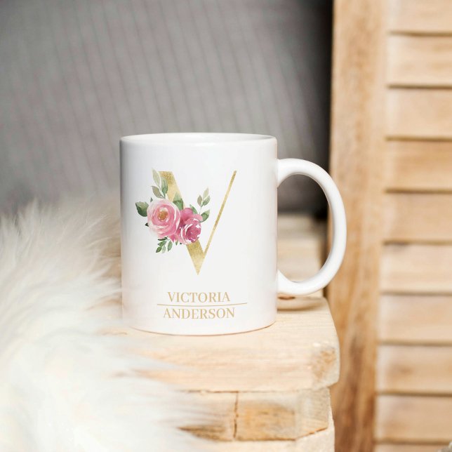 Trendy Gold Watercolor Flower Letter V | Monogram  Coffee Mug (Creator Uploaded)