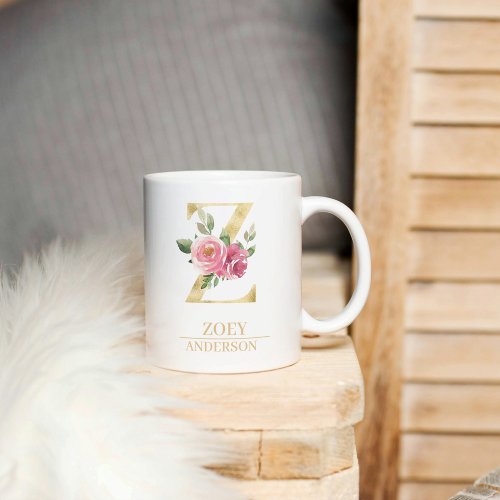 Trendy Gold Watercolor Flower Letter Z  Monogram  Coffee Mug