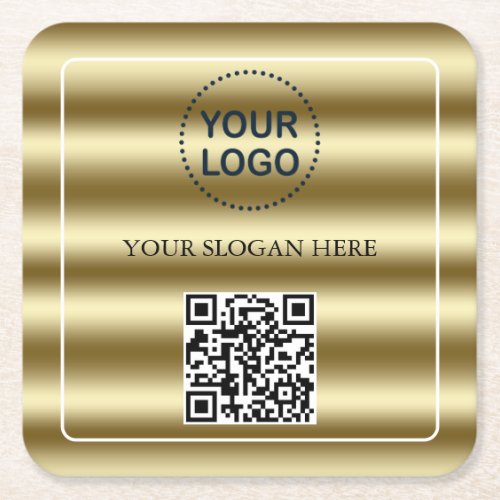 Trendy Gold Waves QR Code Your Logo Here Square Paper Coaster