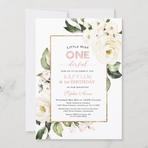 Trendy Gold White Floral Baptism First Birthday Invitation