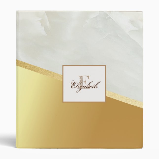 Trendy Gold, White Marble, Monogram 3 Ring Binder (Front)
