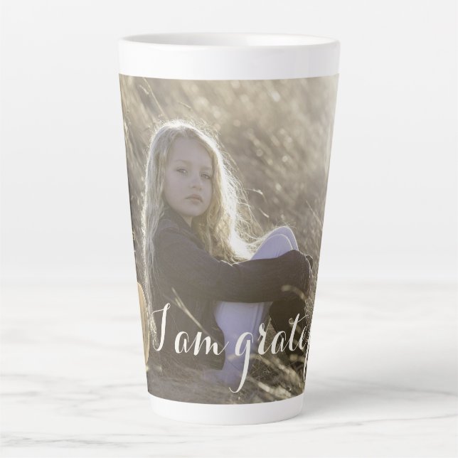 Trendy Golden Pumpkin I Am Grateful Photo Latte Mug (Front)