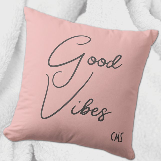 Trendy Good Vibes Monogram Pink & Gray Throw Pillow (Creator Uploaded)