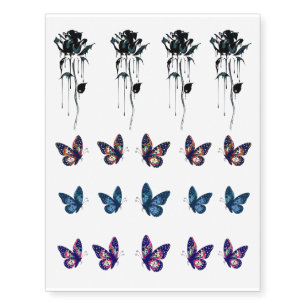 Trendy Gothic Black Roses & Butterflies Temporary Tattoos