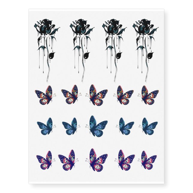 Trendy Gothic Black Roses & Butterflies Temporary Tattoos (Front)