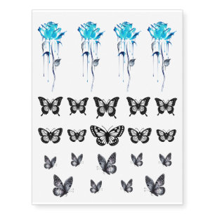 Trendy Gothic Grunge Aqua Roses Black Butterflies Temporary Tattoos