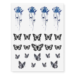 Trendy Gothic Grunge Blue Roses  Black Butterflies Temporary Tattoos