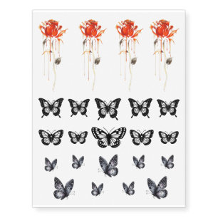 Trendy Gothic Grunge Red Roses & Black Butterflies Temporary Tattoos