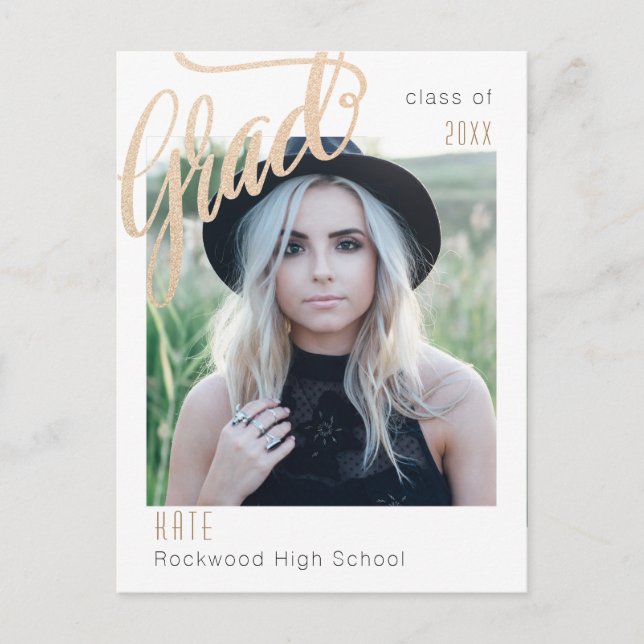 Trendy Grad Announcement/invite  Golden Framing Postcard (Front)