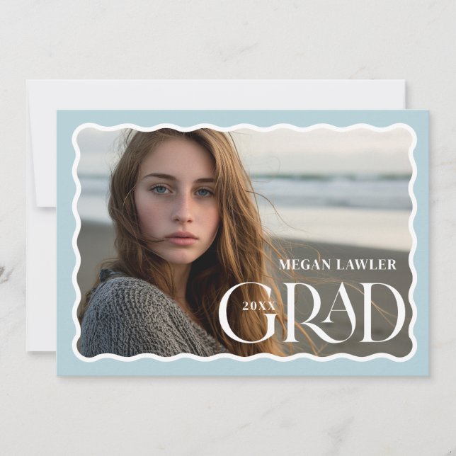 Trendy Grad Announcement Photo Card Wave Blue (Front)