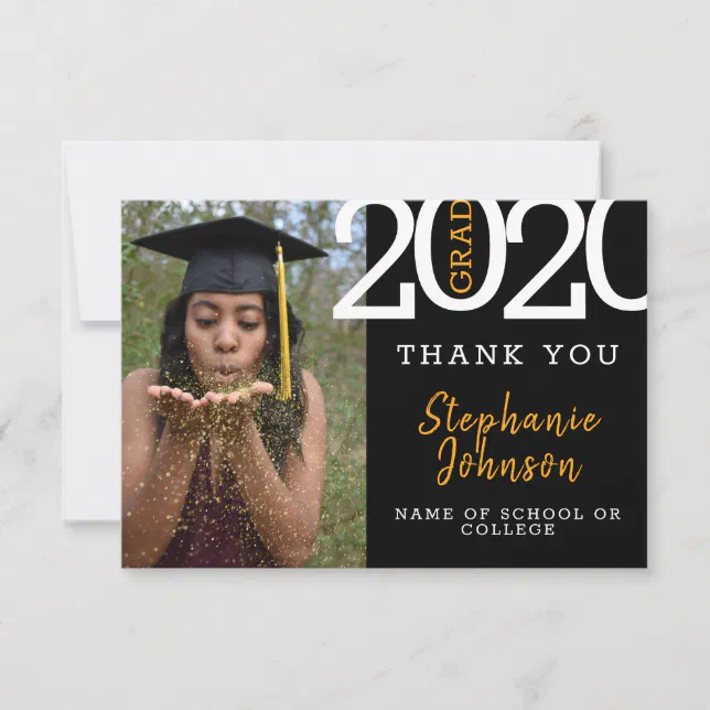 Trendy Grad Black Gold Photo Name Year Graduation Thank You Card | Zazzle
