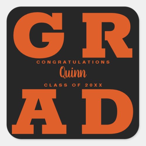 Trendy Grad Orange on Black Graduation Square Sticker