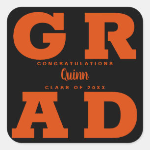 Trendy Grad Orange on Black Graduation Square Sticker