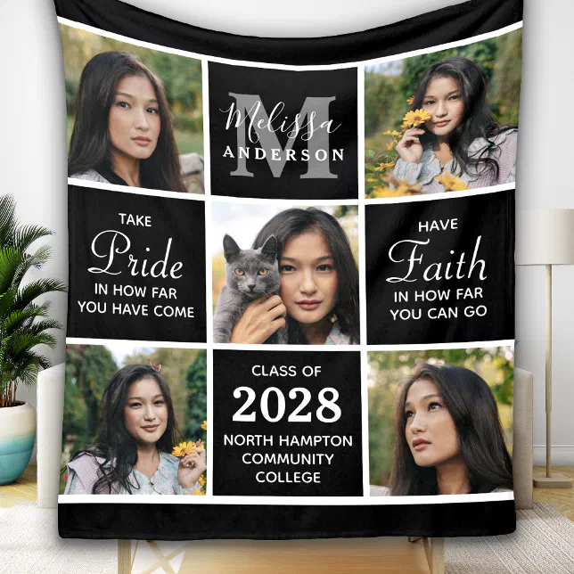 Trendy Graduate 5 Photo Collage Black Graduation Fleece Blanket Zazzle