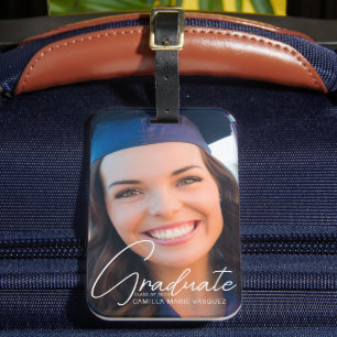 Trendy Graduate Photo White Script Graduation Luggage Tag
