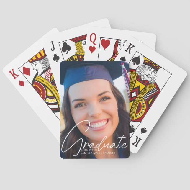 Trendy Graduate Photo White Script Graduation Poker Cards (Back)