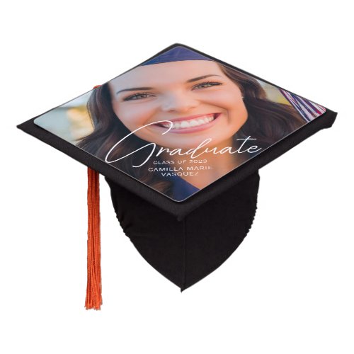 Trendy Graduate Photo White Script Overlay 2024 Graduation Cap Topper