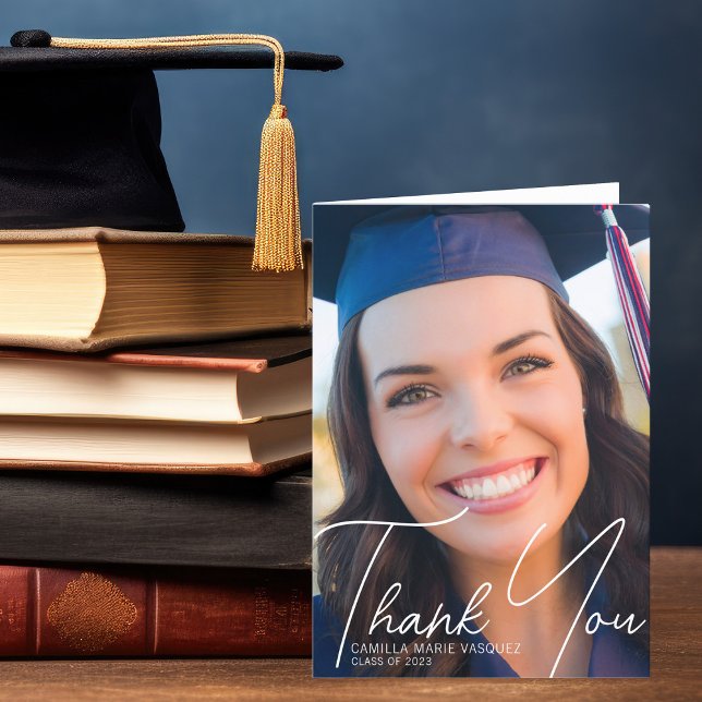 Trendy Graduate Photo White Script Overlay Thank You Card (Creator Uploaded)