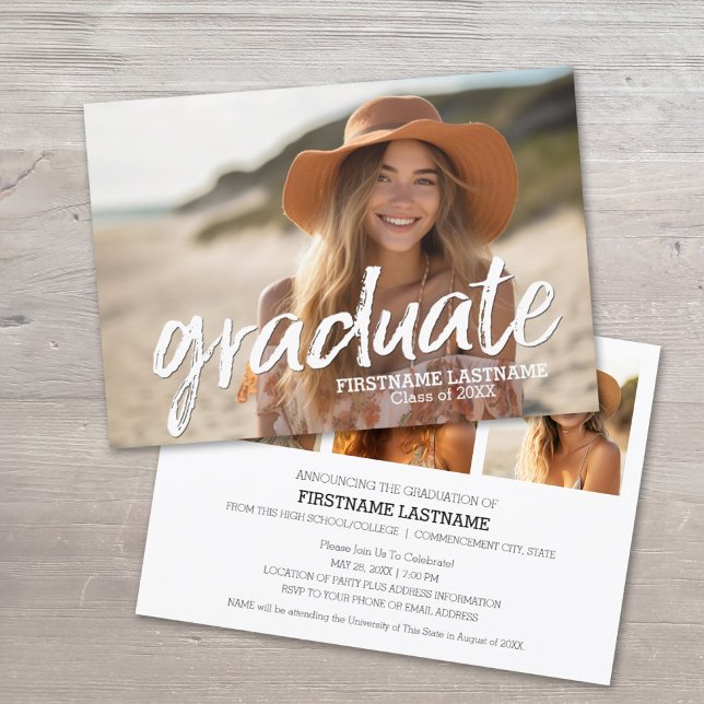 Trendy Graduation Announcement with 4 Photos (Graduation Announcement and Party Invitation)