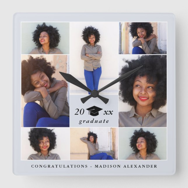 Trendy Graduation Cap Photo Collage Square Wall Clock (Front)