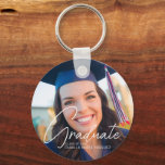 Trendy Graduation Photo 2 Sided Keepsake Keychain<br><div class="desc">This trendy graduation keychain gift features sophisticated handwritten white script over a chic full photo of your graduate. Customize this grad present with your high school,  college,  or university photograph behind your senior details. Add a 2nd photograph on the back.</div>