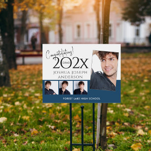 Trendy Graduation Photo Collage Royal Blue Yard Sign