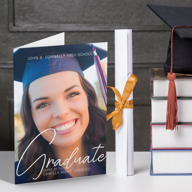 Trendy Graduation Photo White Script Folded Announcement (Creator Uploaded)