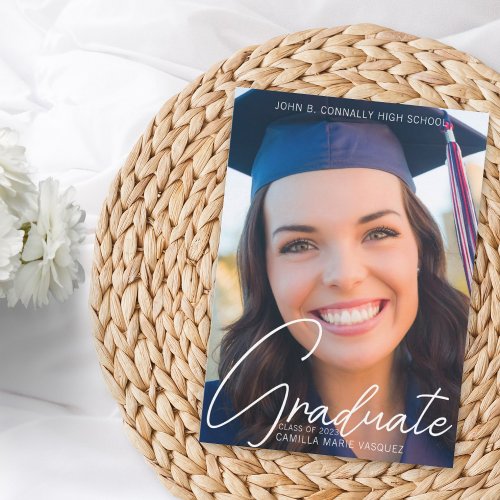 Trendy Graduation Photo White Script Overlay 2024 Announcement