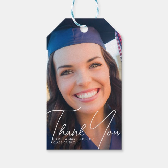 Trendy Graduation Photo White Script Party Gift Tags (Front)