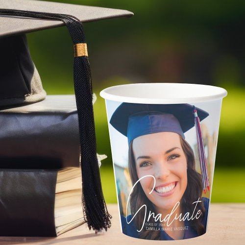 Trendy Graduation Photo White Script Party Paper Cups