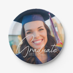 Trendy Graduation Photo White Script Party Paper Plates | Zazzle