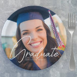 Trendy Graduation Photo White Script Party Paper Plates<br><div class="desc">This trendy graduation party paper plate features sophisticated handwritten white script over a chic full photo of your graduate. Customize this grad decor with your high school,  college,  or university photograph behind your senior details.</div>