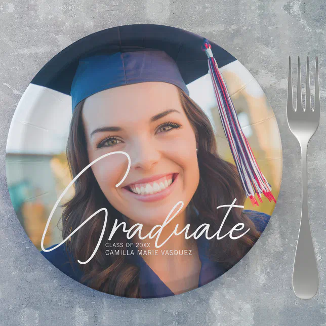 Trendy Graduation Photo White Script Party Paper Plates | Zazzle