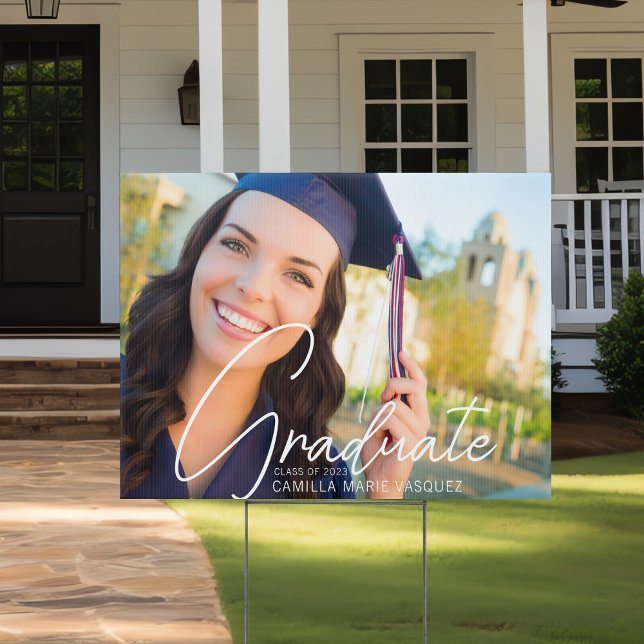 Trendy Graduation Photo White Typography Yard Sign (Creator Uploaded)