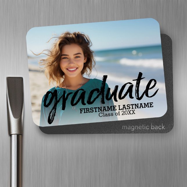 Trendy Graduation Photo with Brushed Lettering Magnet (Personalized fridge magnet - add photos and custom text)
