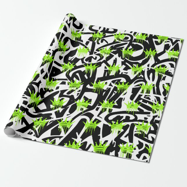 Trendy Graffiti Crown Pattern Green Black  Wrapping Paper (Unrolled)