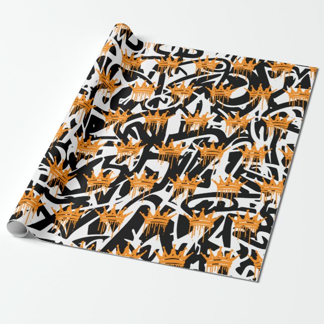 Trendy Graffiti Crown Pattern Orange Black  Wrapping Paper (Unrolled)
