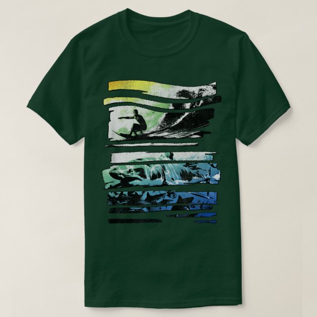 Trendy Graphic Surf Shark Shredded Panels  T-Shirt (Design Front)