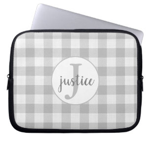 Trendy Gray and White Buffalo Plaid Monogrammed Laptop Sleeve
