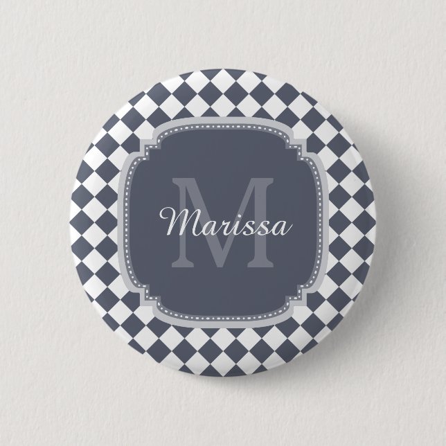 Trendy Gray and White Checked Monogrammed Name Button (Front)