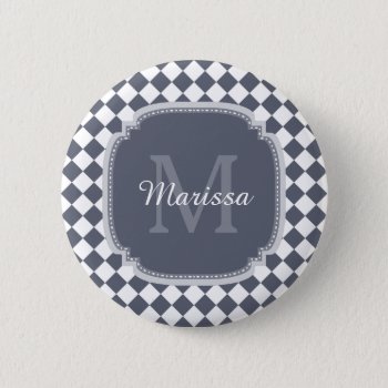 Trendy Gray And White Checked Monogrammed Name Button by ohsogirly at Zazzle