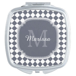 Trendy Gray and White Checked Monogrammed Name Mirror For Makeup