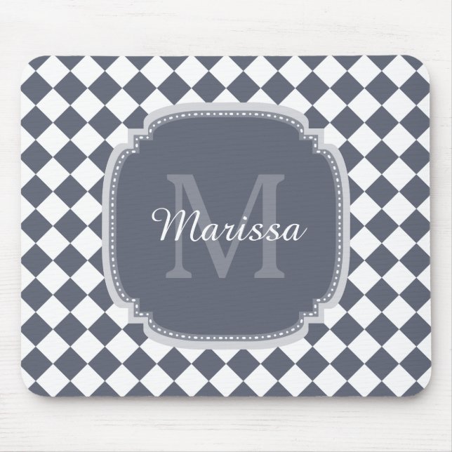 Trendy Gray and White Checked Monogrammed Name Mouse Pad (Front)