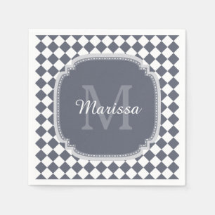 Trendy Gray and White Checked Monogrammed Name Napkins