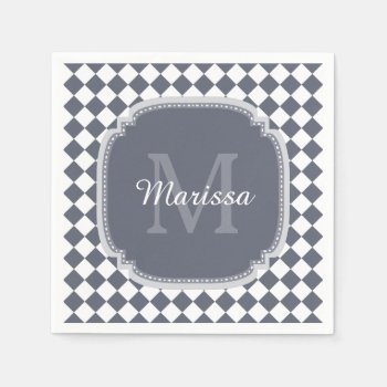 Trendy Gray And White Checked Monogrammed Name Napkins by ohsogirly at Zazzle